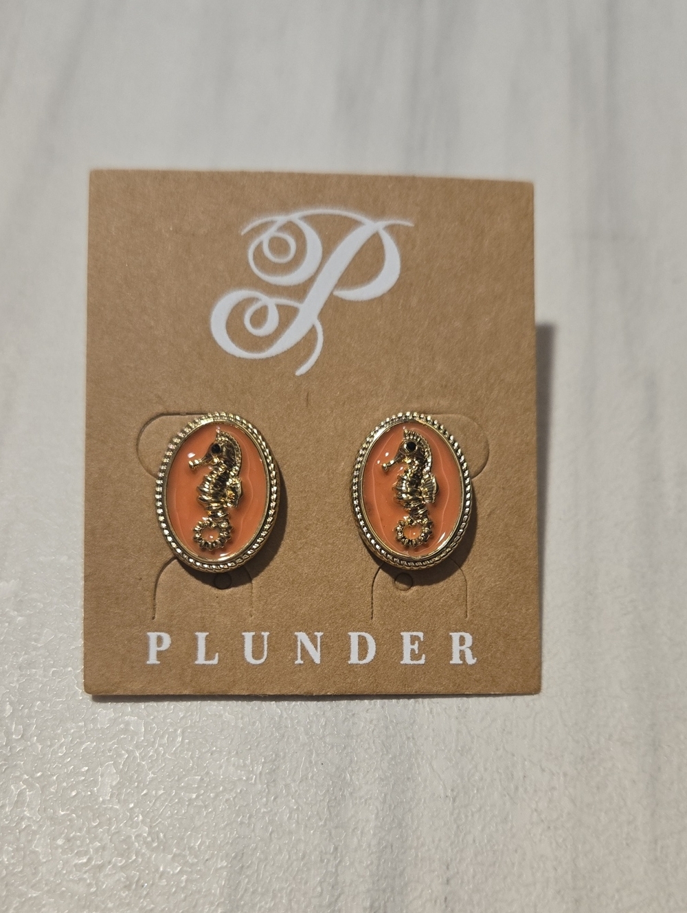 Plunder Gold Seahorse Earrings with Coral Enamel
